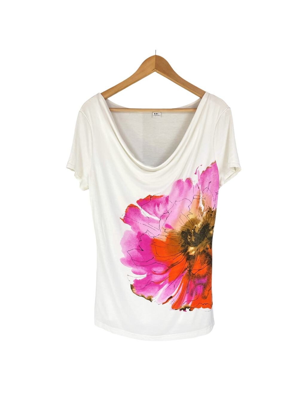 THREE DOTS Cowl-Neck Tee w/ Large Flower Graphic Size L White Pink Orange